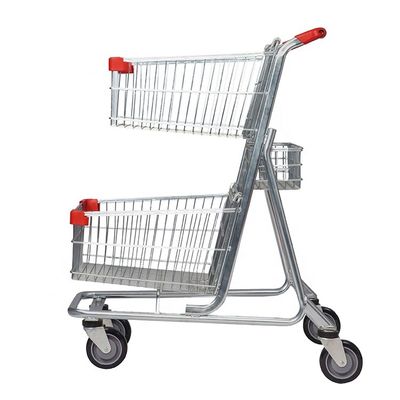 Os carros resistentes do supermercado rodam o trole dobro da compra da cesta do trole da cesta